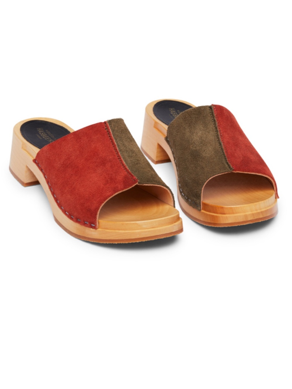 Swedish Hasbeens Combo Clogs Two-Tone Suede Slide Clogs - Red & Olive